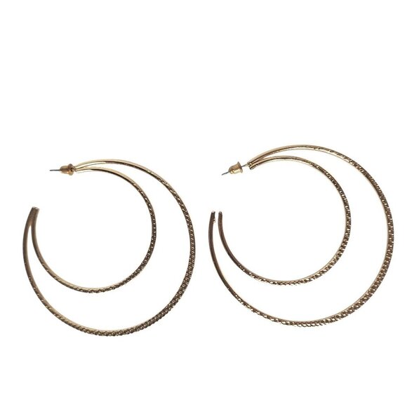 80s 90s Gold Tone Textured Large Double Hoop Earrings Womens Costume Jewelry - Picture 2 of 3